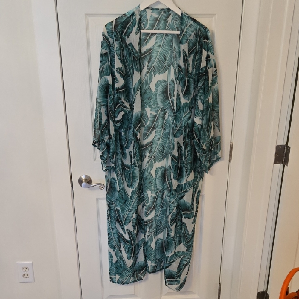 Tropical Green Leaf Print Swim Coverup